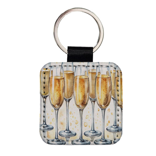 Champagne Glasses Square Faux Leather Keychain