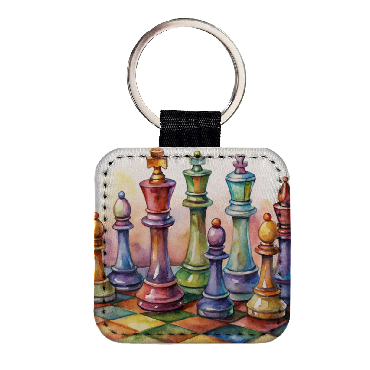 Chess Pieces Colorful Watercolor Square Faux Leather Keychain