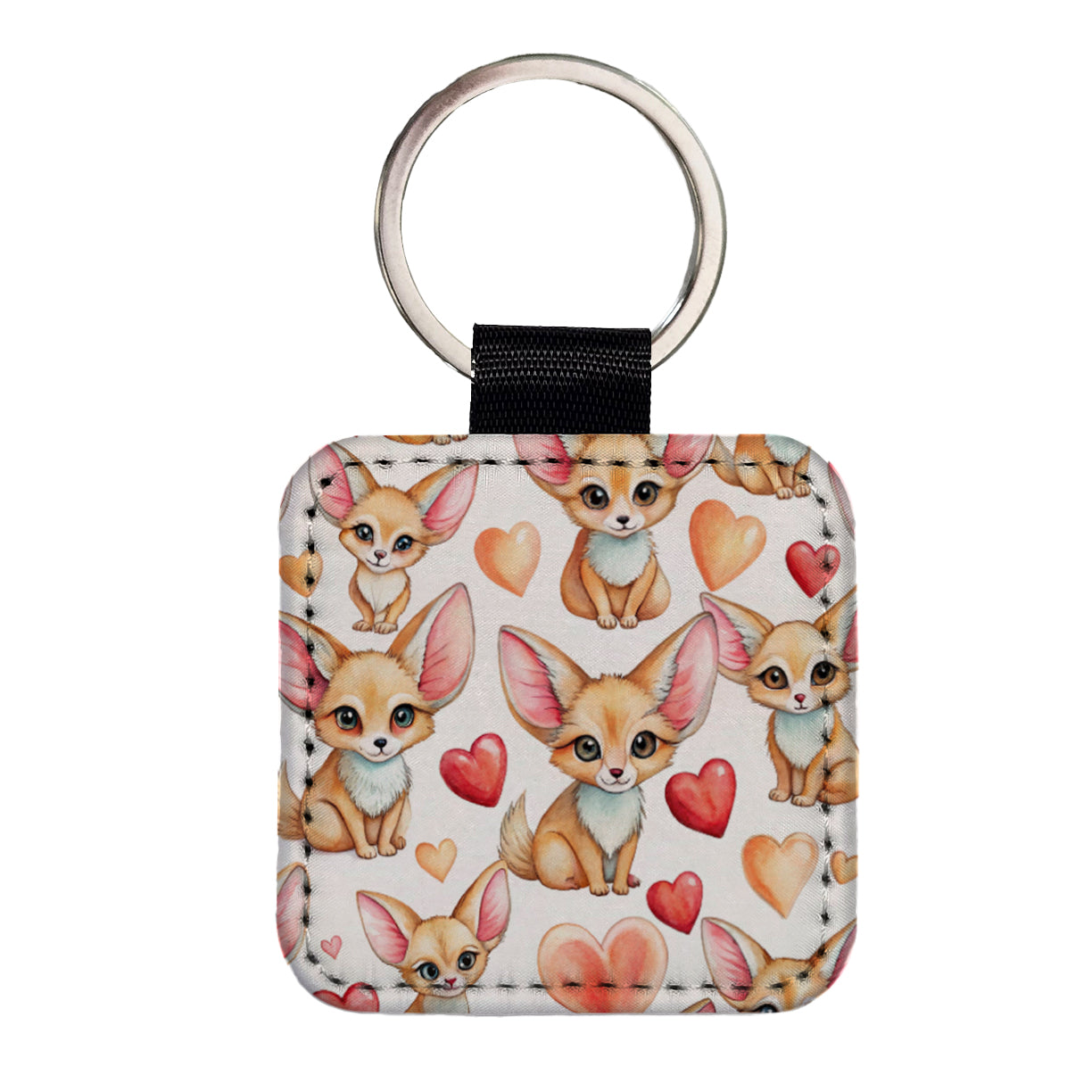 Chibi Fenec Foxes And Hearts Square Faux Leather Keychain