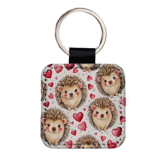 Chibi Hedgehogs And Hearts Watercolor Square Faux Leather Keychain