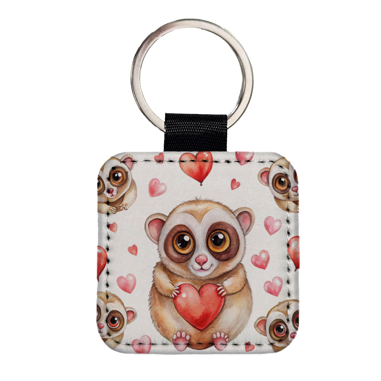 Chibi Slow Loris And Hearts Watercolor Square Faux Leather Keychain