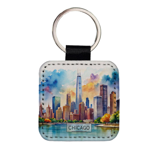 Chicago Illinois Travel City Watercolor Square Faux Leather Keychain