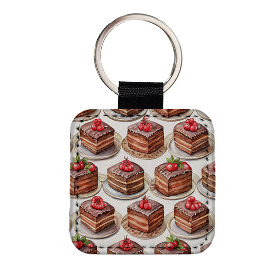 Chocolate Cake On Plates Square Faux Leather Keychain
