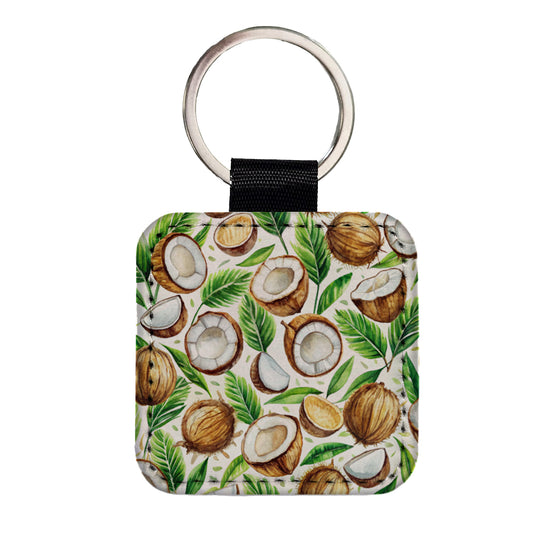 Coconut Pattern Watercolor Square Faux Leather Keychain