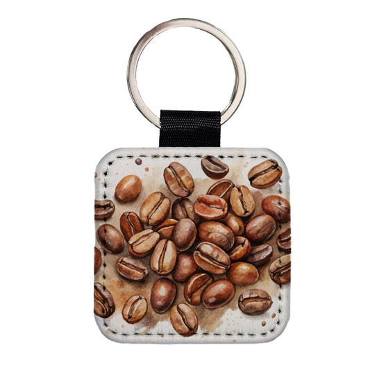 Coffee Beans Watercolor Square Faux Leather Keychain
