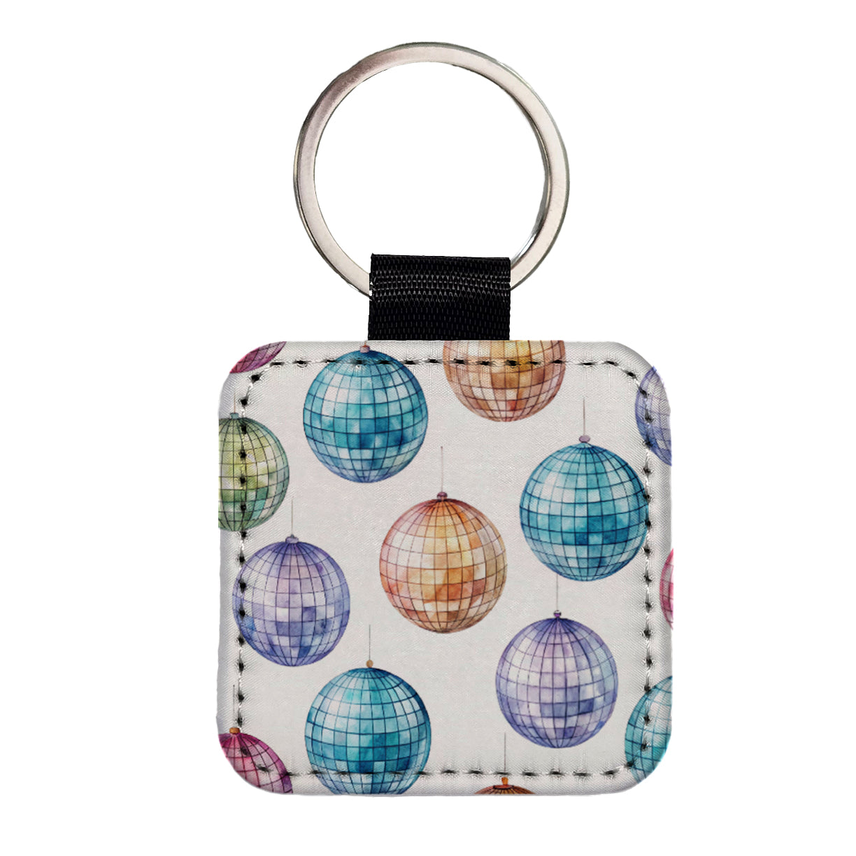 Colorful Disco Balls Square Faux Leather Keychain