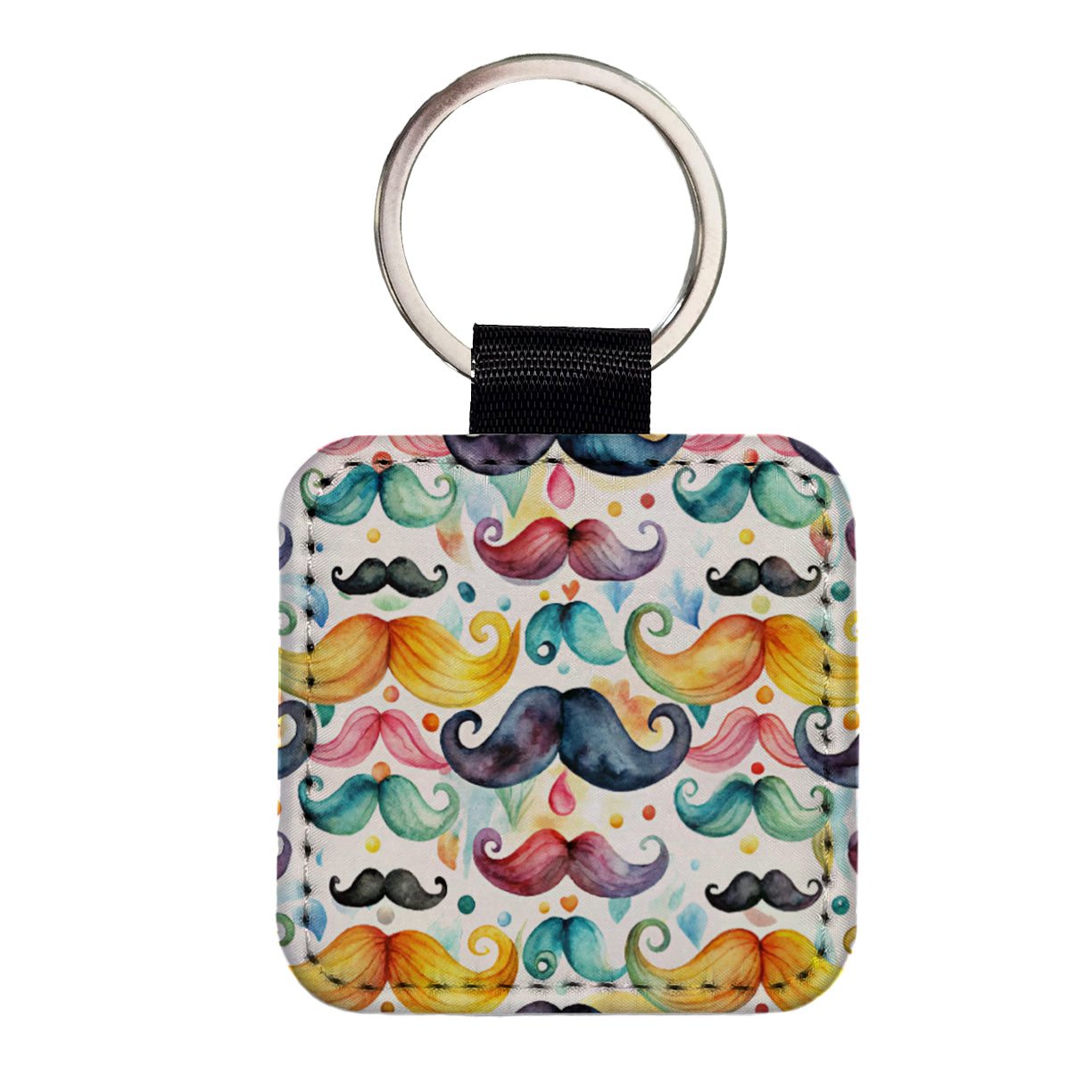 Colorful Mustaches Watercolor Square Faux Leather Keychain