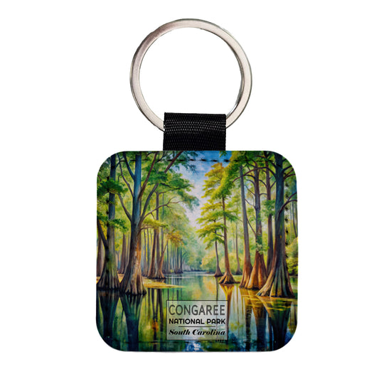 Congaree National Park South Carolina Watercolor Square Faux Leather Keychain