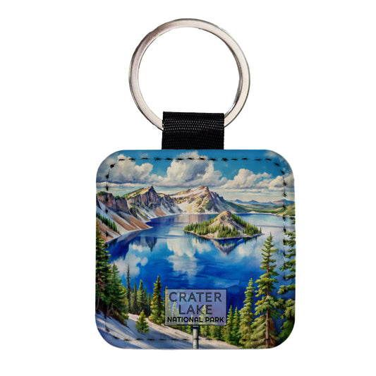 Crater Lake National Park Oregon Watercolor Square Faux Leather Keychain