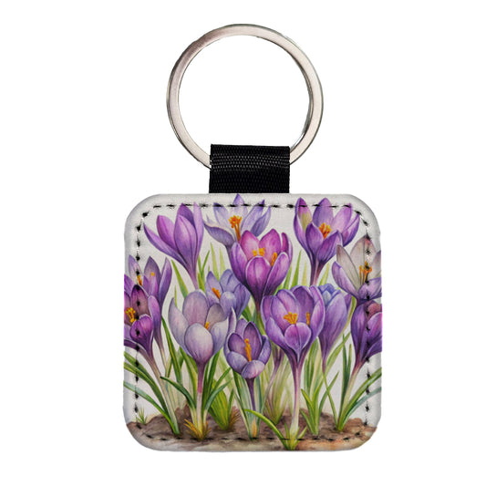 Crocus Purple Flowers Watercolor Square Faux Leather Keychain