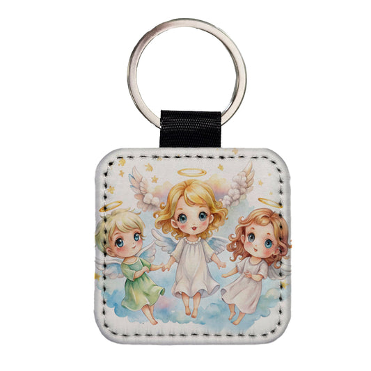 Cute Angels Watercolor Square Faux Leather Keychain