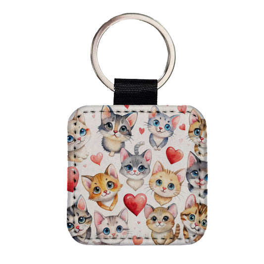 Cute Fun Cats Hearts Watercolor Square Faux Leather Keychain