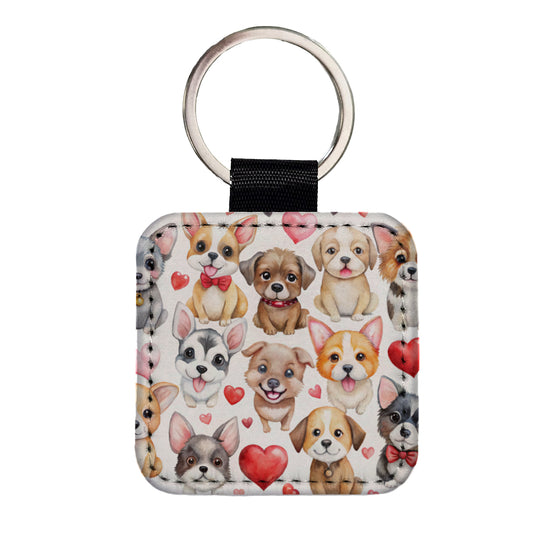 Cute Fun Dogs Hearts Watercolor Square Faux Leather Keychain