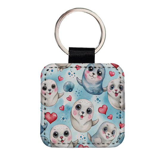 Cute Harp Seals And Hearts Watercolor Square Faux Leather Keychain