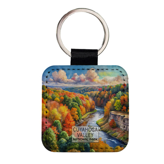 Cuyahoga Valley National Park Ohio Watercolor Square Faux Leather Keychain