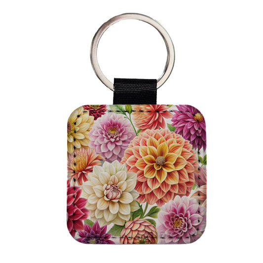 Dahlia Flowers Watercolor Square Faux Leather Keychain