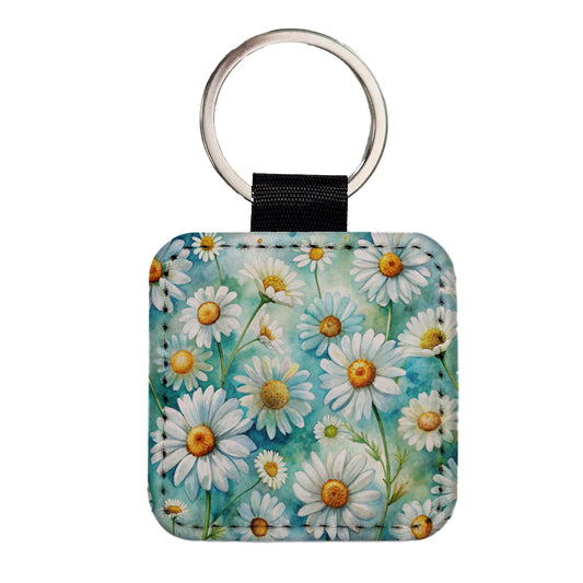 Daisies Daisy Flowers Watercolor Square Faux Leather Keychain