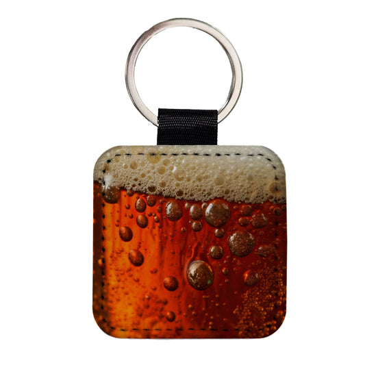 Dark Beer Closeup Foam Top Funny Square Faux Leather Keychain