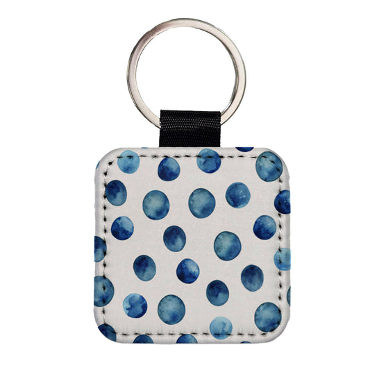 Dark Blue Polka Dots Fun White Background Square Faux Leather Keychain