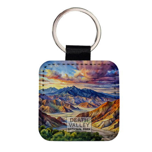 Death Valley National Park California Nevada Watercolor Square Faux Leather Keychain