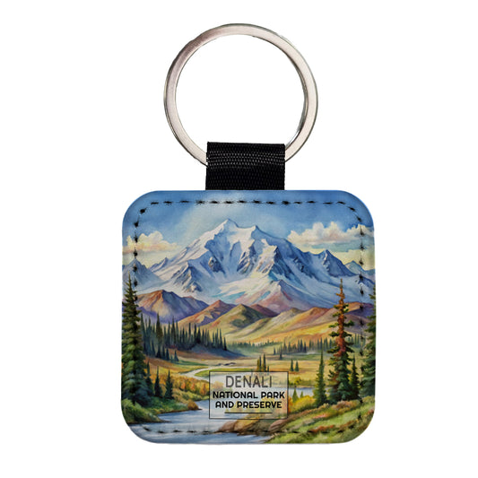 Denali National Park Alaska Watercolor Square Faux Leather Keychain
