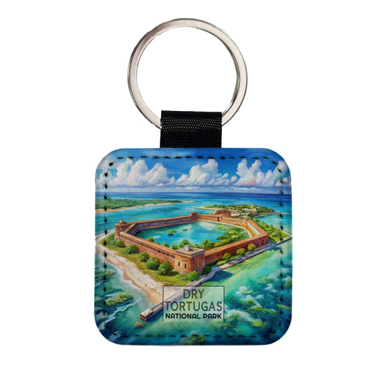 Dry Tortugas National Park Florida Watercolor Square Faux Leather Keychain