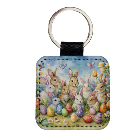 Easter Bunnies Watercolor Square Faux Leather Keychain