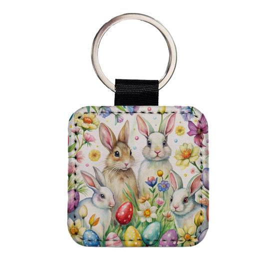 Easter Bunny Rabbit Eggs Flowers Square Faux Leather Keychain