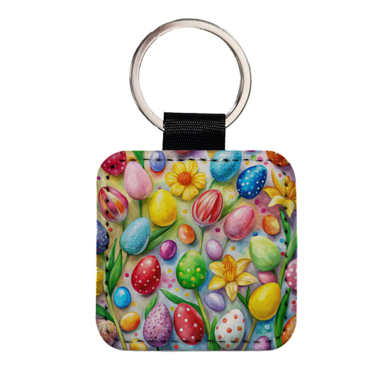 Easter Candy Eggs Flowers Square Faux Leather Keychain