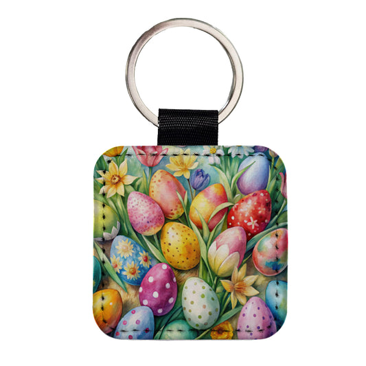 Easter Eggs Flowers Watercolor Square Faux Leather Keychain