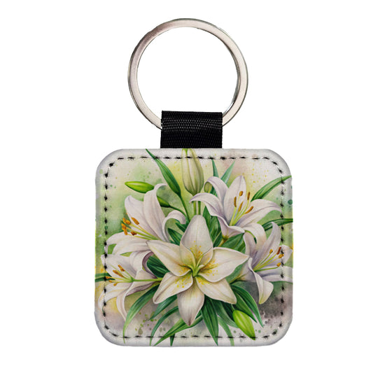 Easter Lily Flowers Watercolor Square Faux Leather Keychain