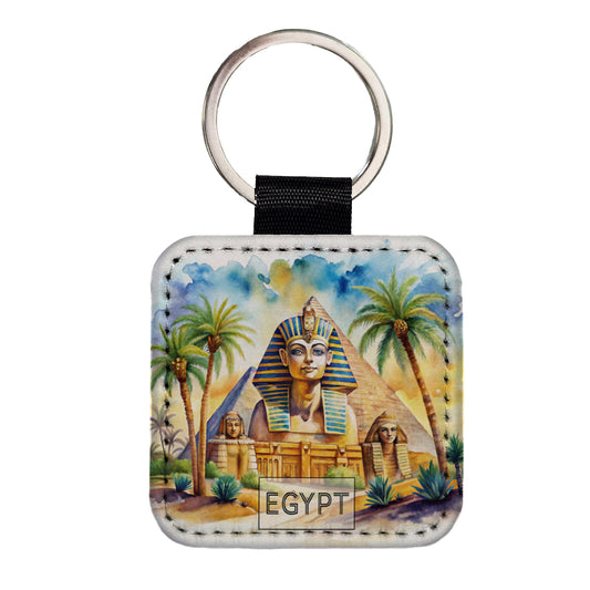 Egypt Pyramids Sphinx Travel Country Watercolor Square Faux Leather Keychain