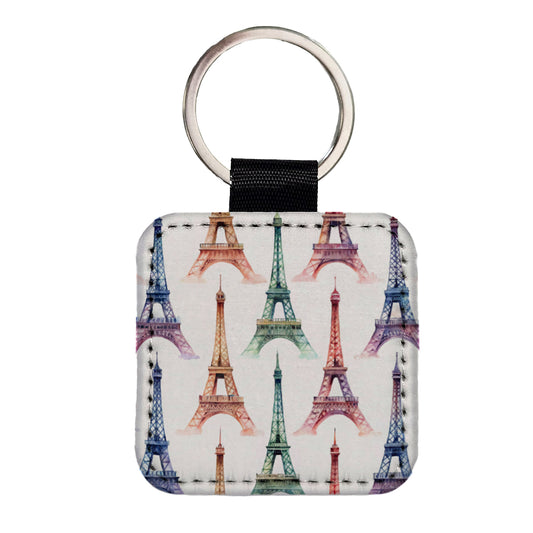 Eiffel Towers Paris City Beautiful Square Faux Leather Keychain