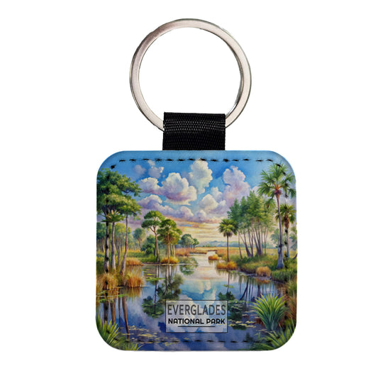 Everglades National Park Florida Watercolor Square Faux Leather Keychain