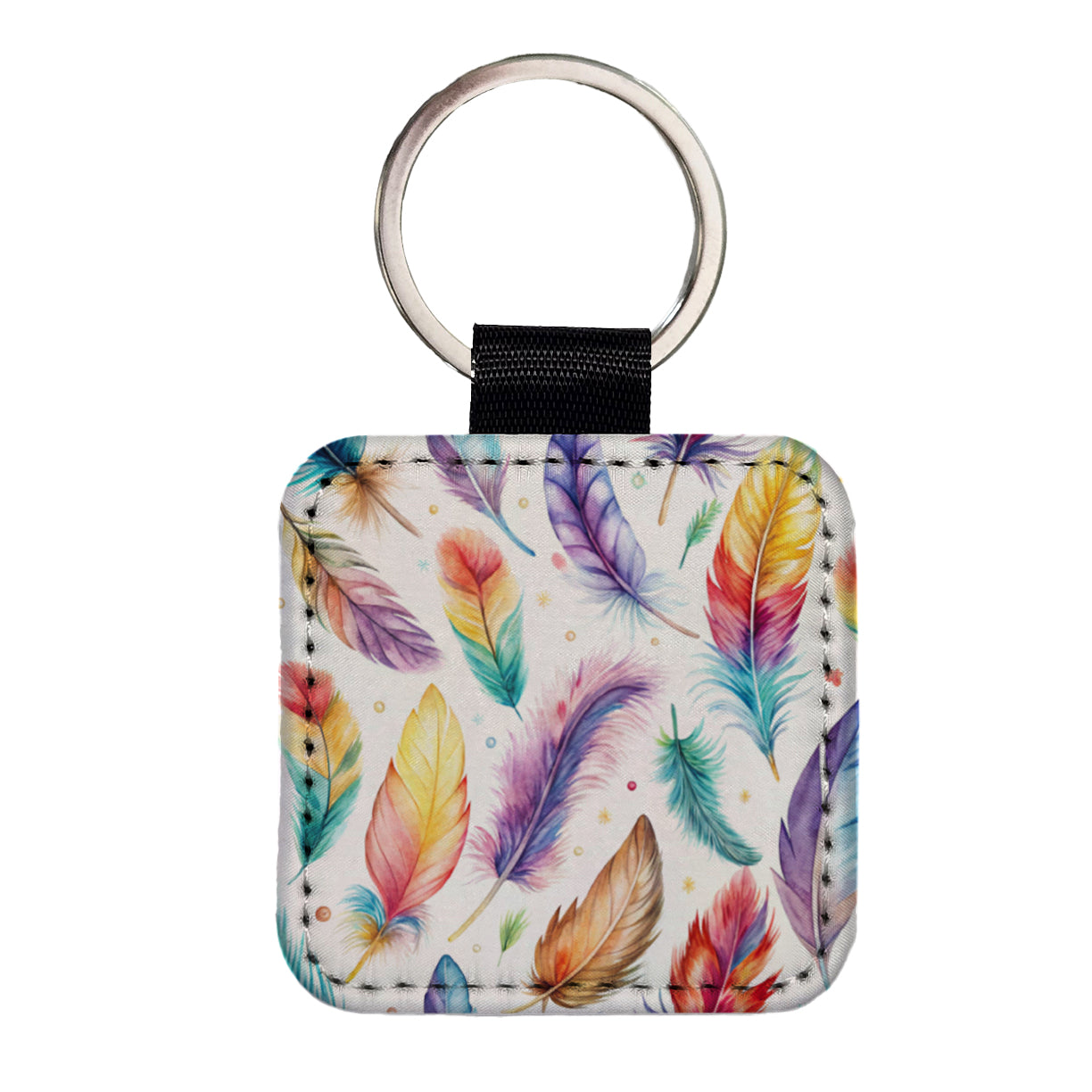 Feathers Watercolor Square Faux Leather Keychain