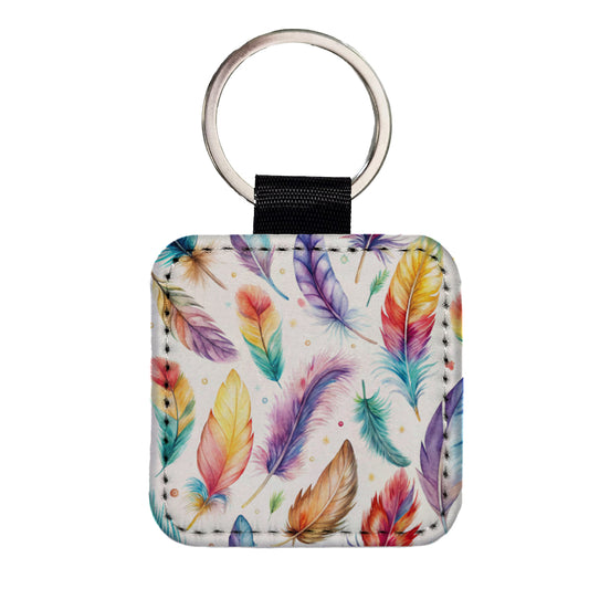 Feathers Watercolor Square Faux Leather Keychain