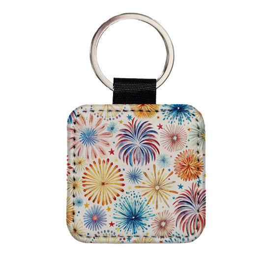 Fireworks Colorful Patriotic Fourth of July Square Faux Leather Keychain