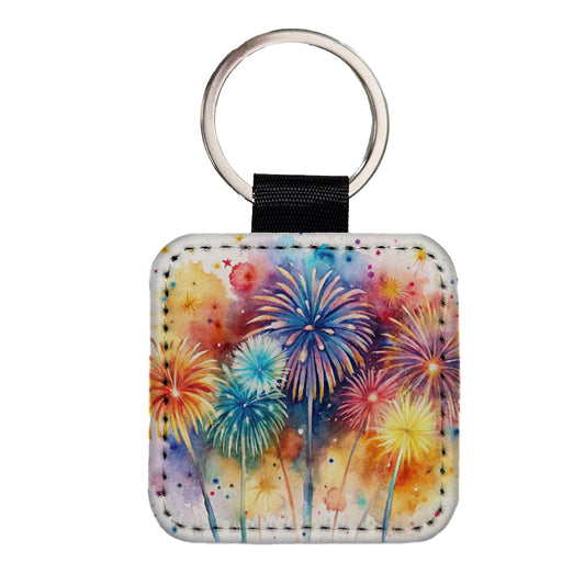 Fireworks Colorful Square Faux Leather Keychain