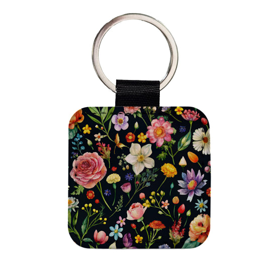 Flowers Black Background Watercolor Square Faux Leather Keychain