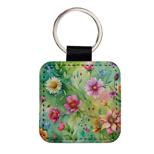 Flowers Green Background Watercolor Square Faux Leather Keychain