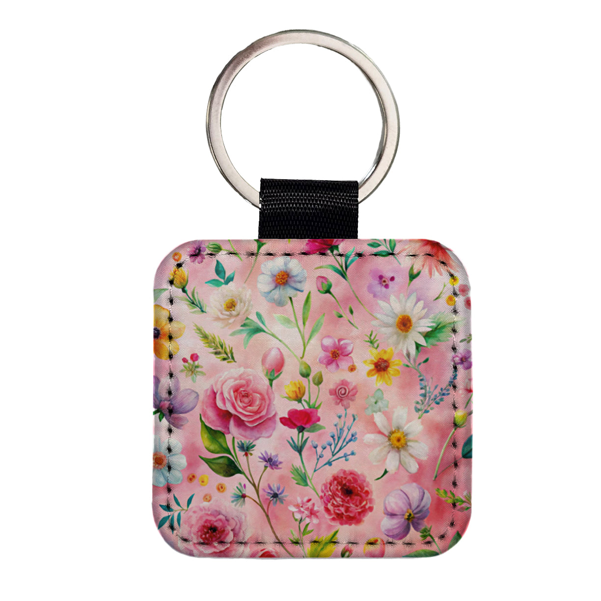 Flowers Pink Background Watercolor Square Faux Leather Keychain