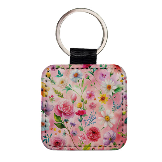 Flowers Pink Background Watercolor Square Faux Leather Keychain