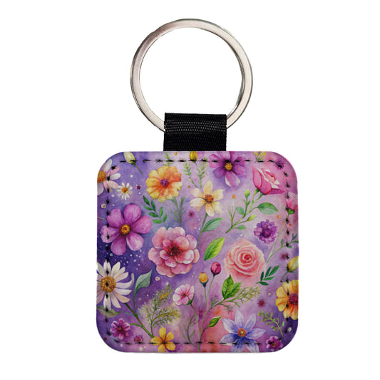 Flowers Purple Background Watercolor Square Faux Leather Keychain