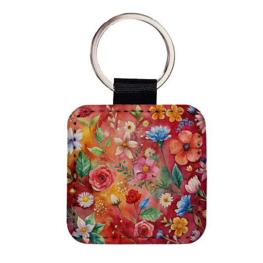 Flowers Red Background Watercolor Square Faux Leather Keychain