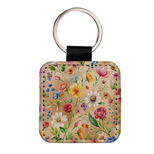 Flowers Tan Background Watercolor Square Faux Leather Keychain