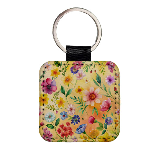 Flowers Yellow Background Watercolor Square Faux Leather Keychain
