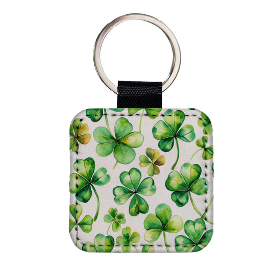 Four Leaf Clovers Ireland St. Patrick's Day Square Faux Leather Keychain