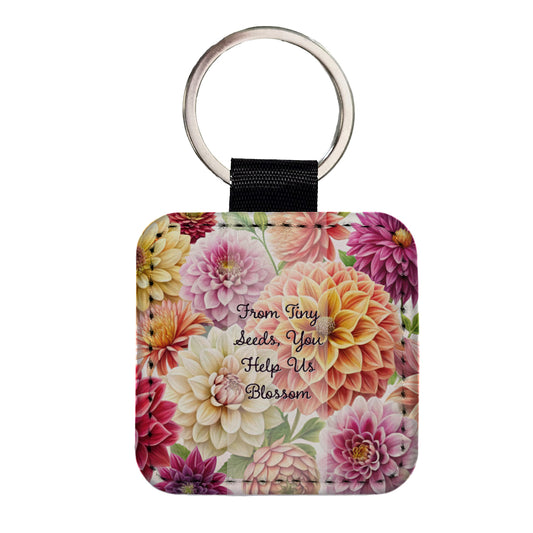 From Tiny Seeds Blossom Teacher Appreciation Dahlia Flowers Square Faux Leather Keychain