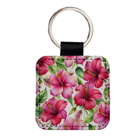Fuchsia Hibiscus Flowers Watercolor Square Faux Leather Keychain