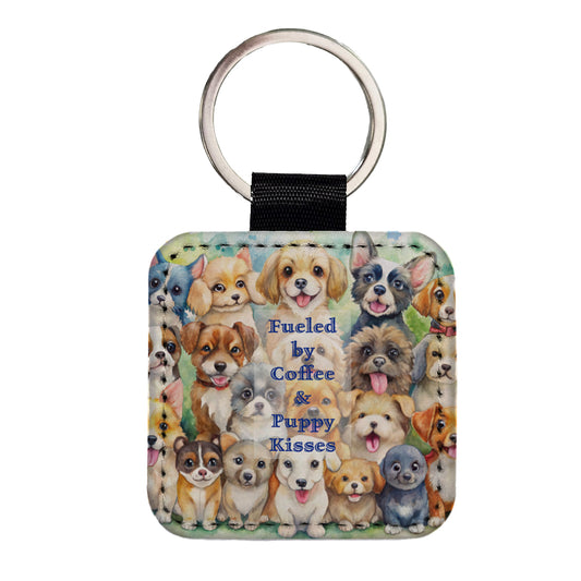 Fueled By Coffee Puppy Kisses Dog Mom Dad Square Faux Leather Keychain